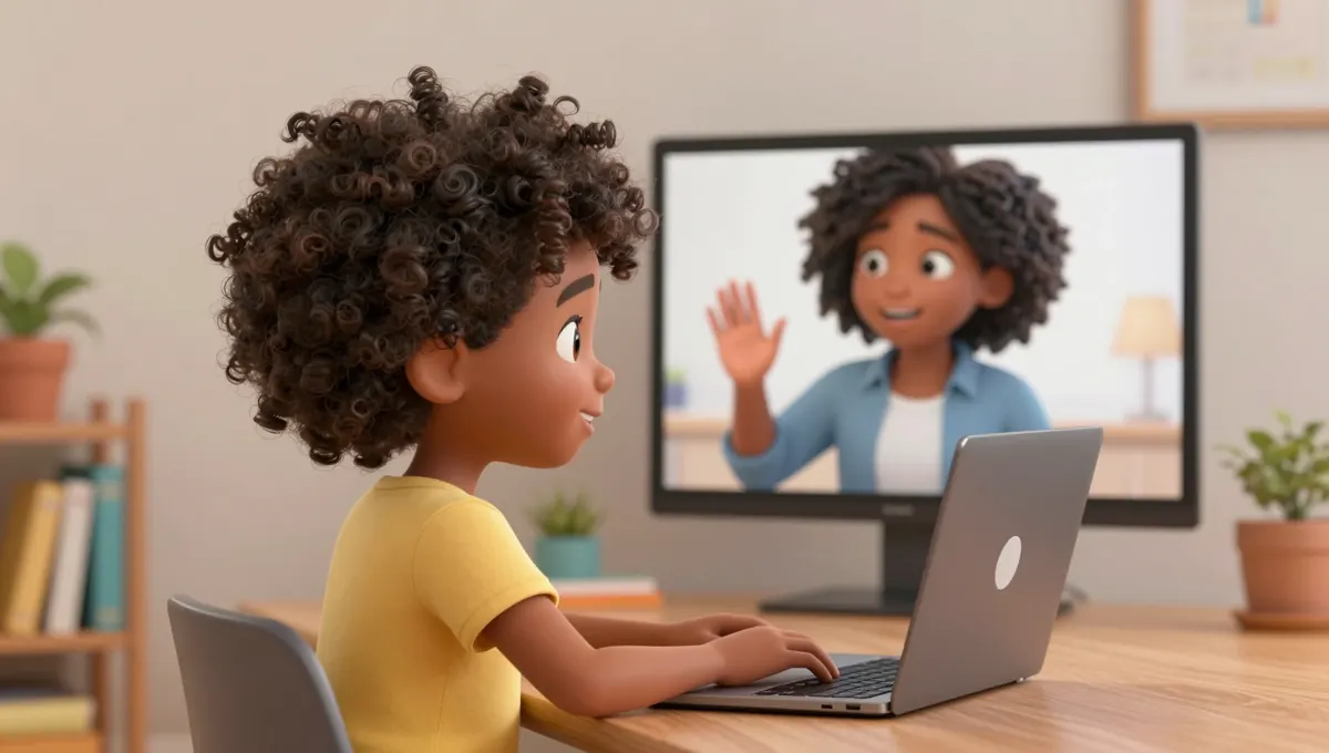 A child having a live one-to-one English lesson with a teacher on a tablet